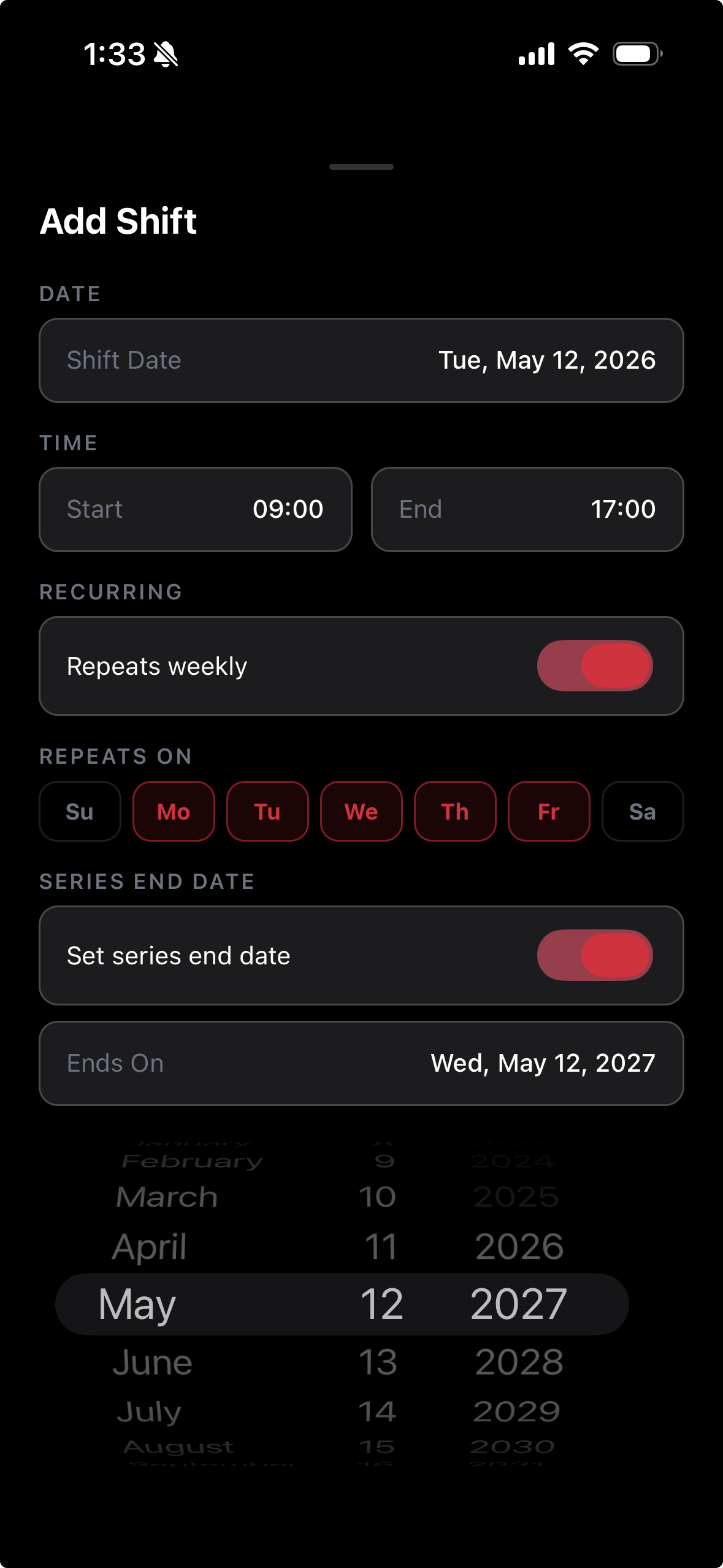 Add Shift form with date, time, and recurring schedule options
