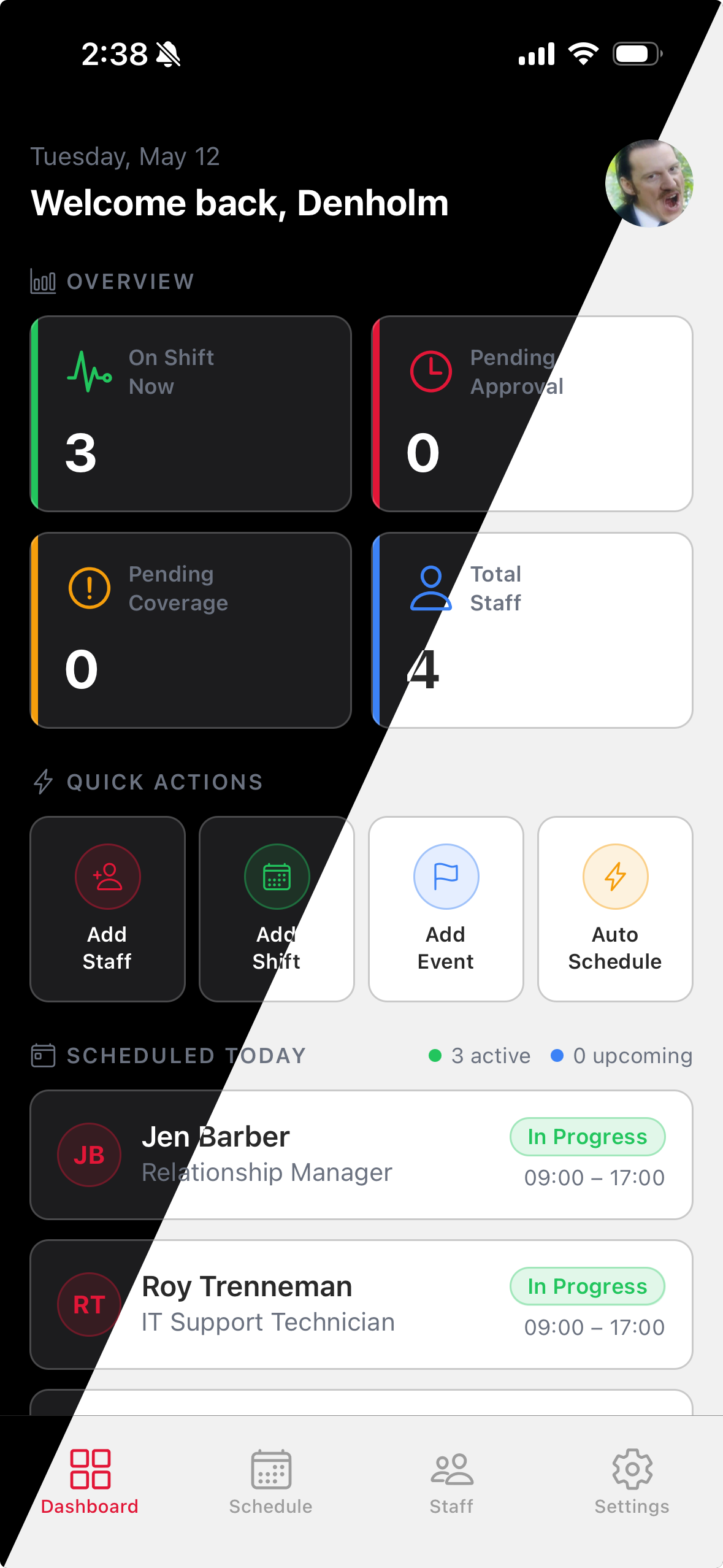TimeWise dark and light mode comparison