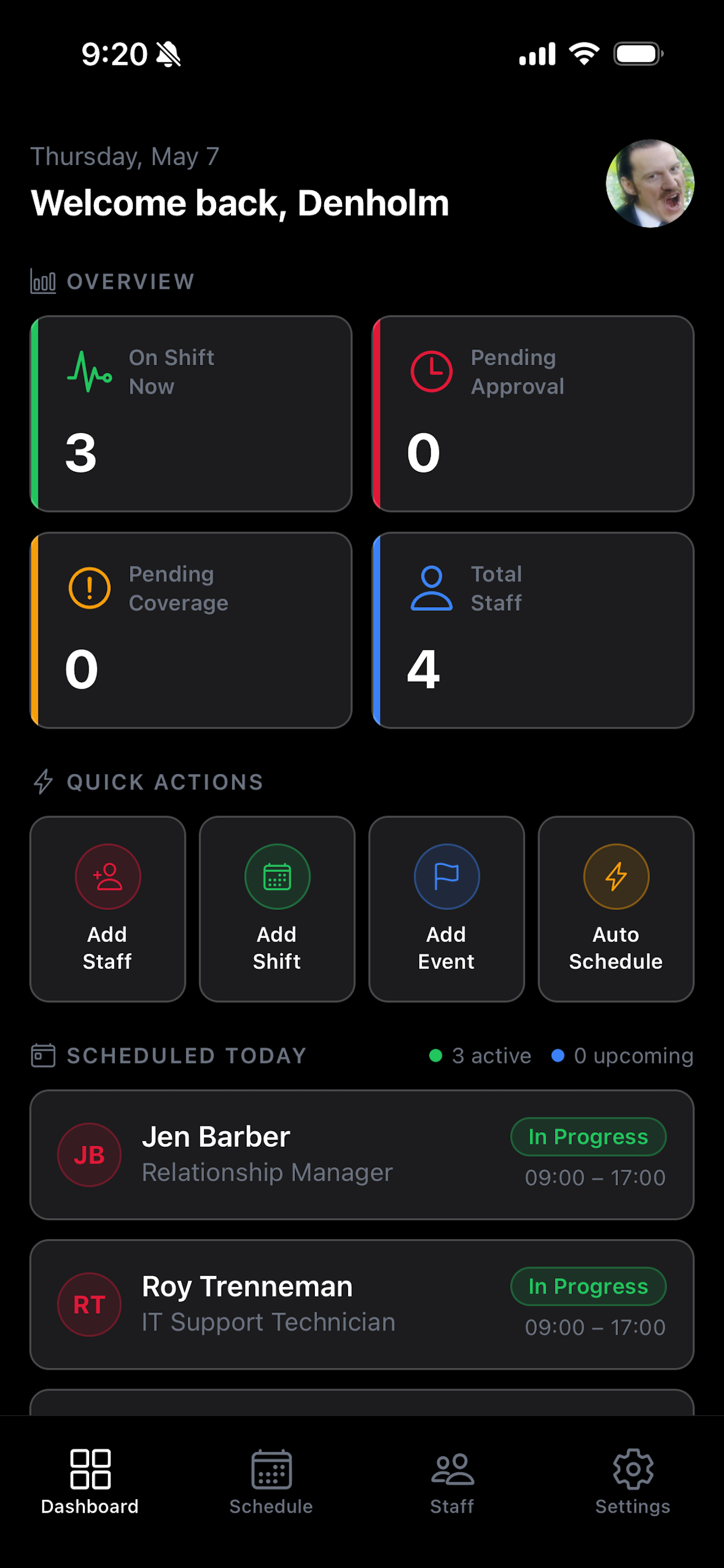 Manager dashboard showing team overview, quick actions, and scheduled shifts