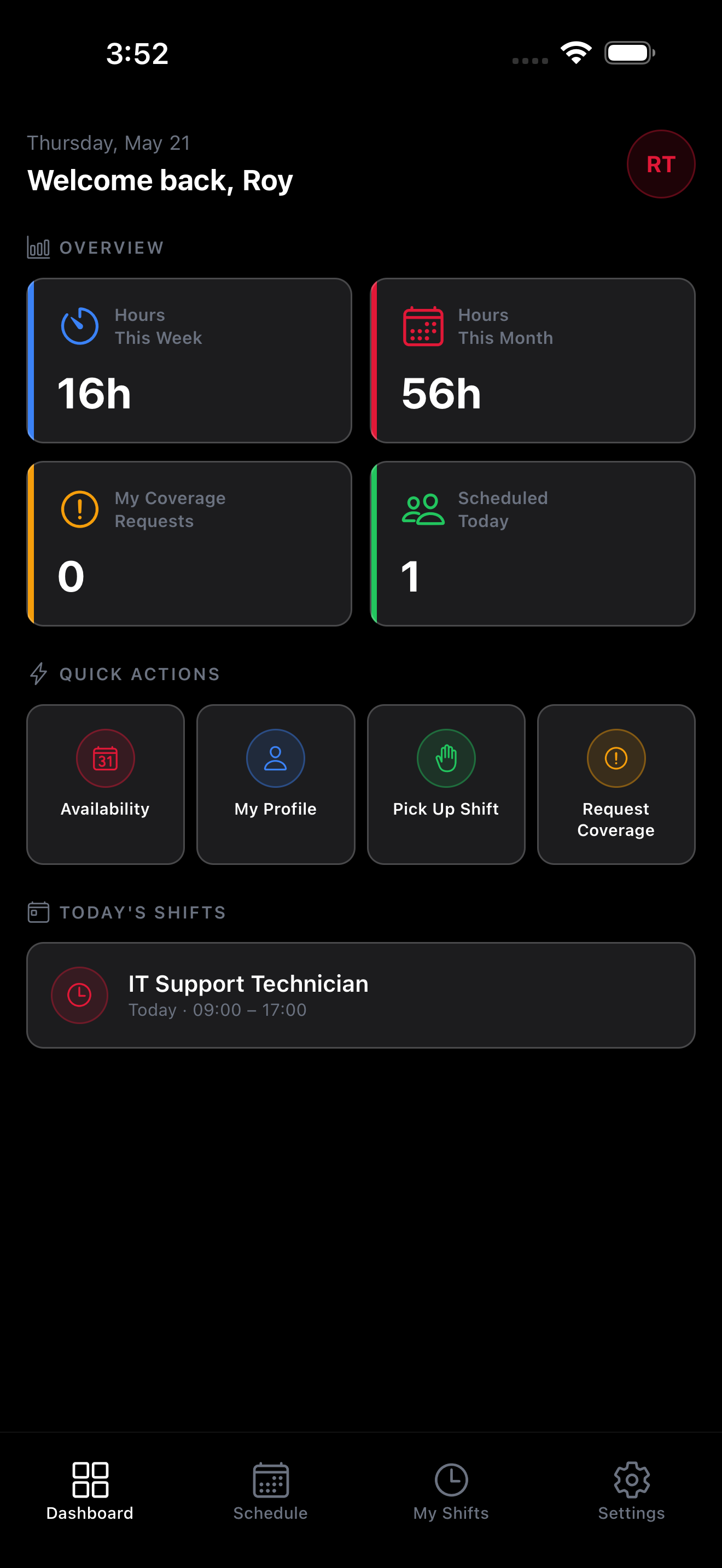 Employee dashboard showing overview stats, quick actions, and today's shifts