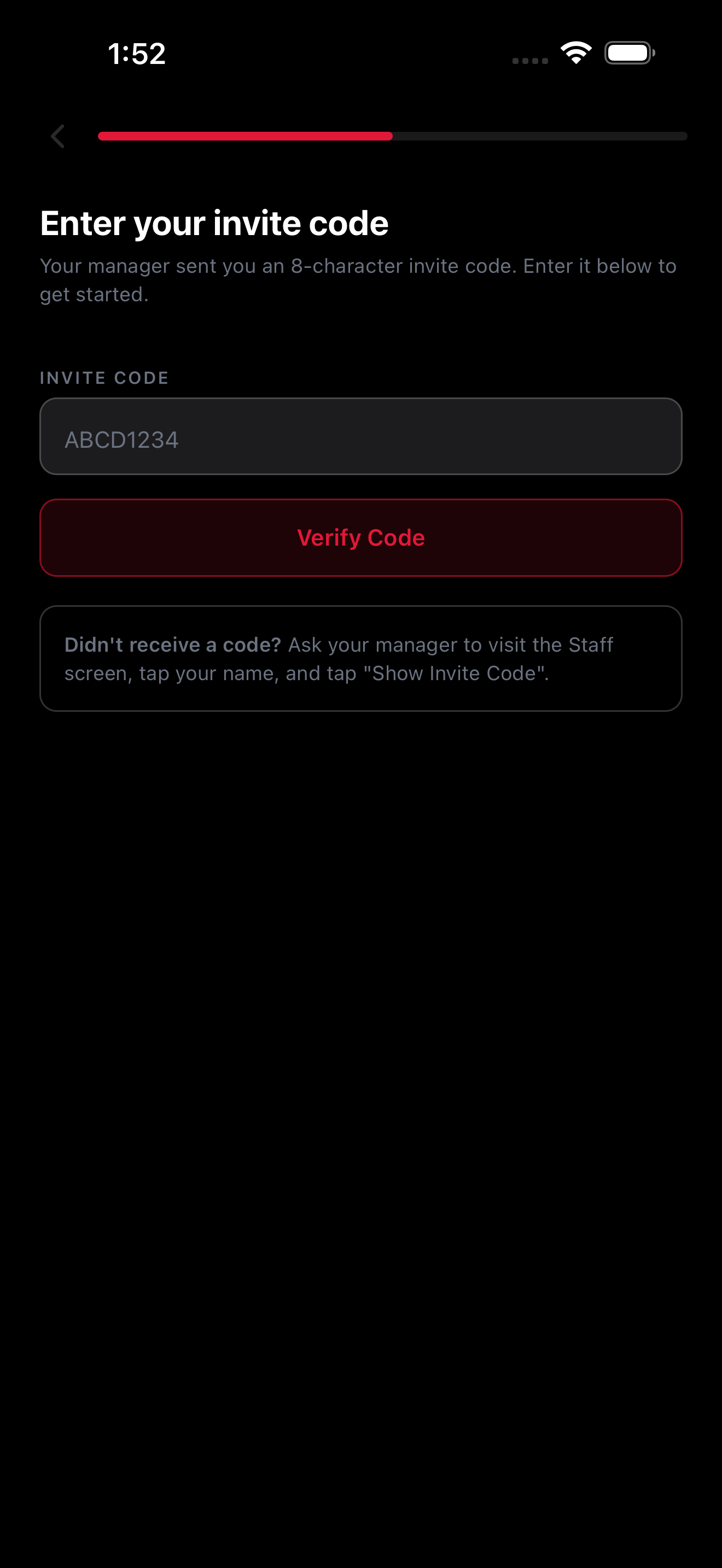 Enter your invite code screen