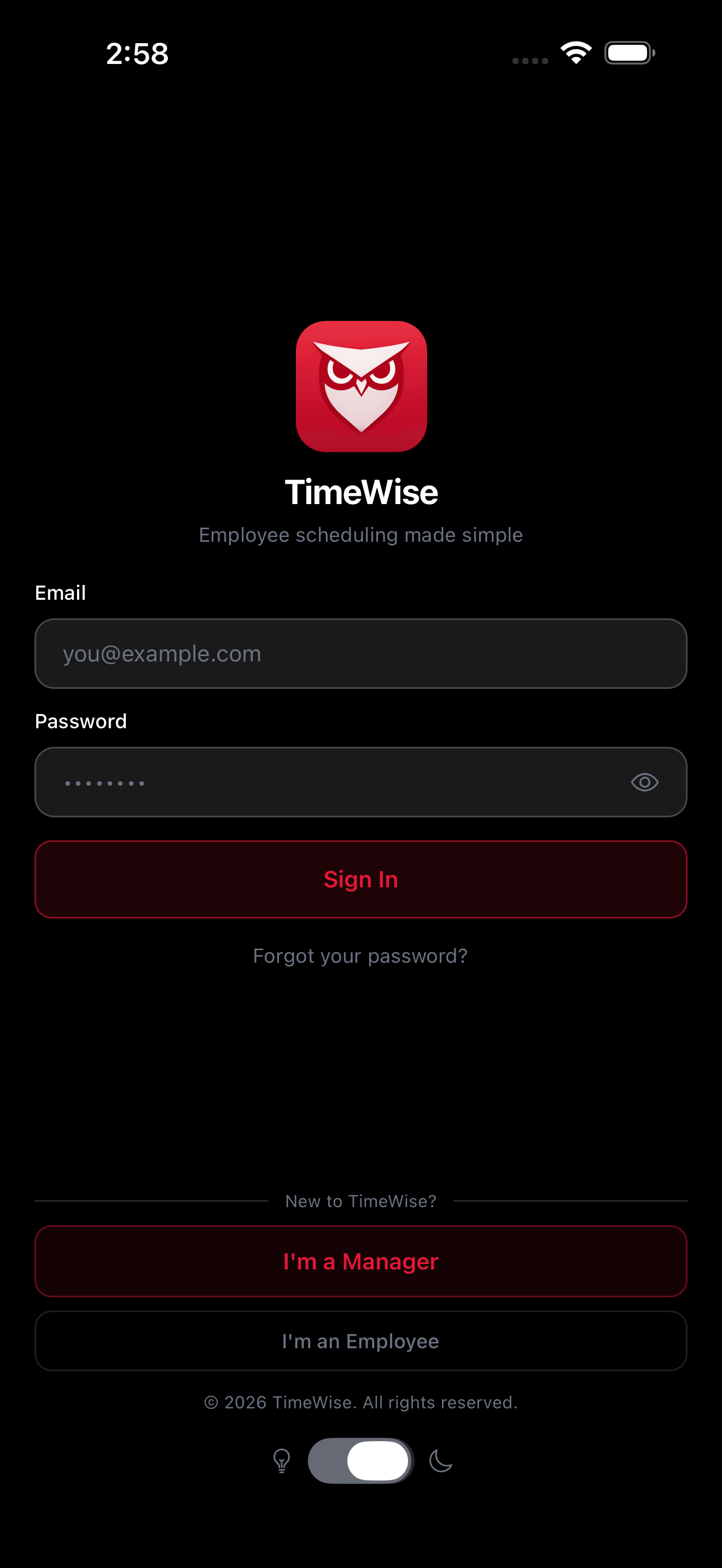 TimeWise login screen showing I'm an Employee button
