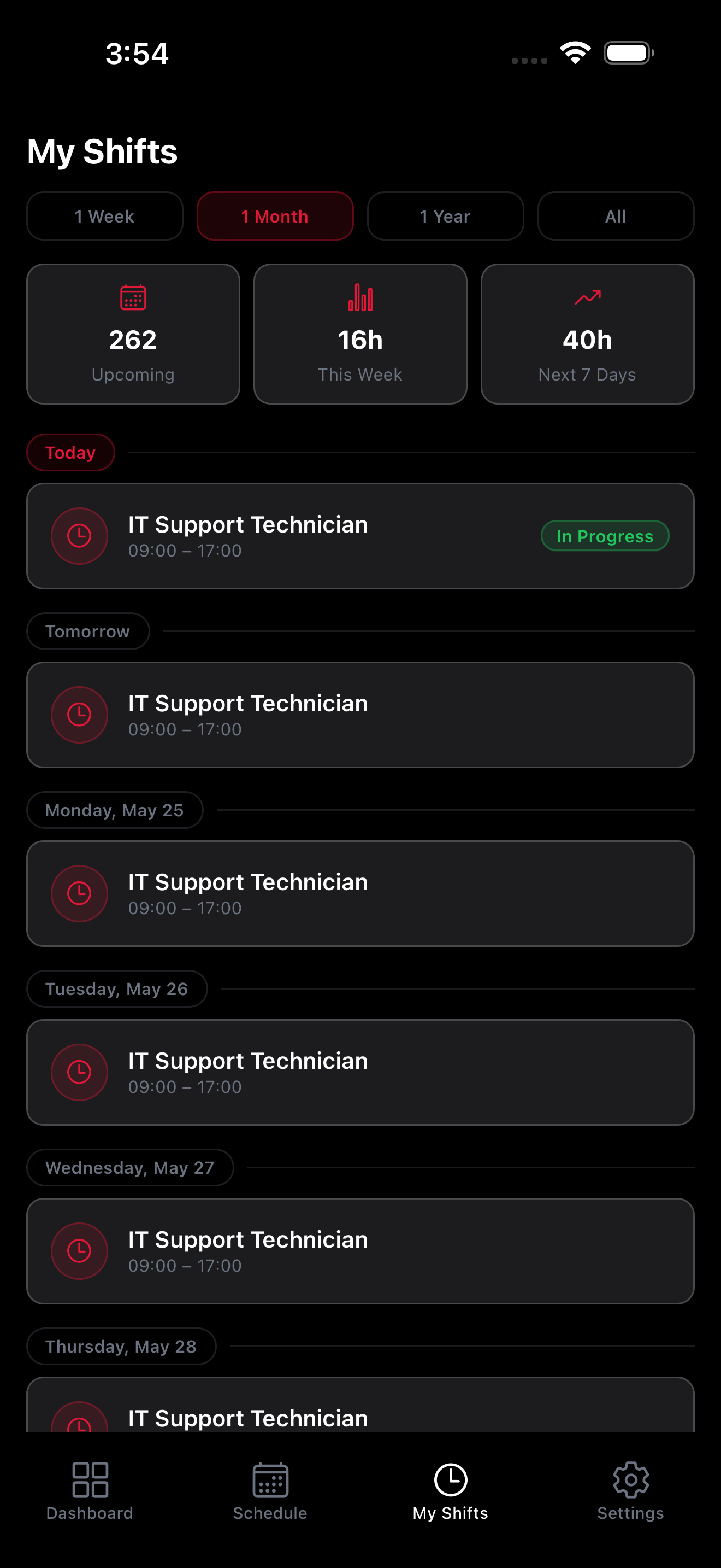 My Shifts screen showing upcoming shifts listed by date