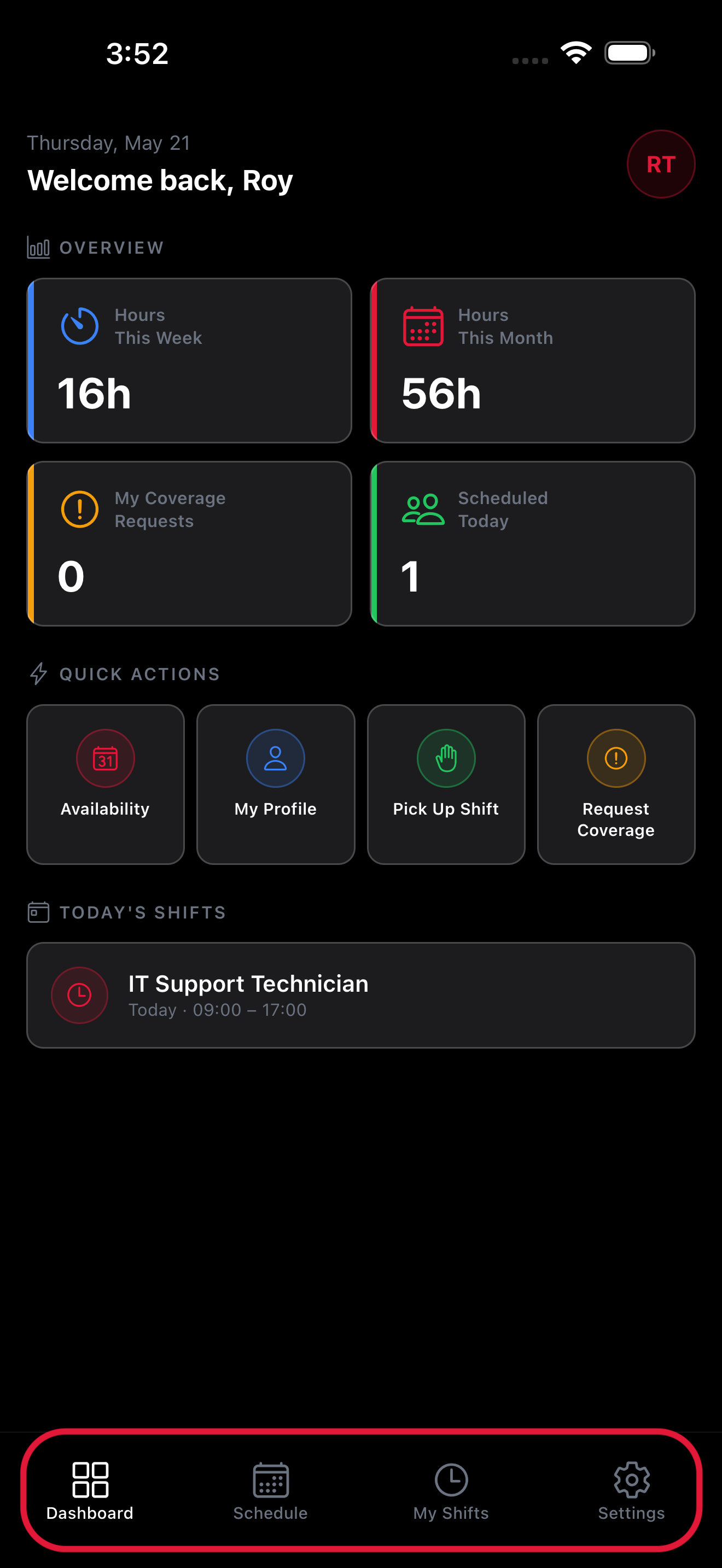 Employee app tab bar showing Dashboard, Schedule, My Shifts, and Settings tabs
