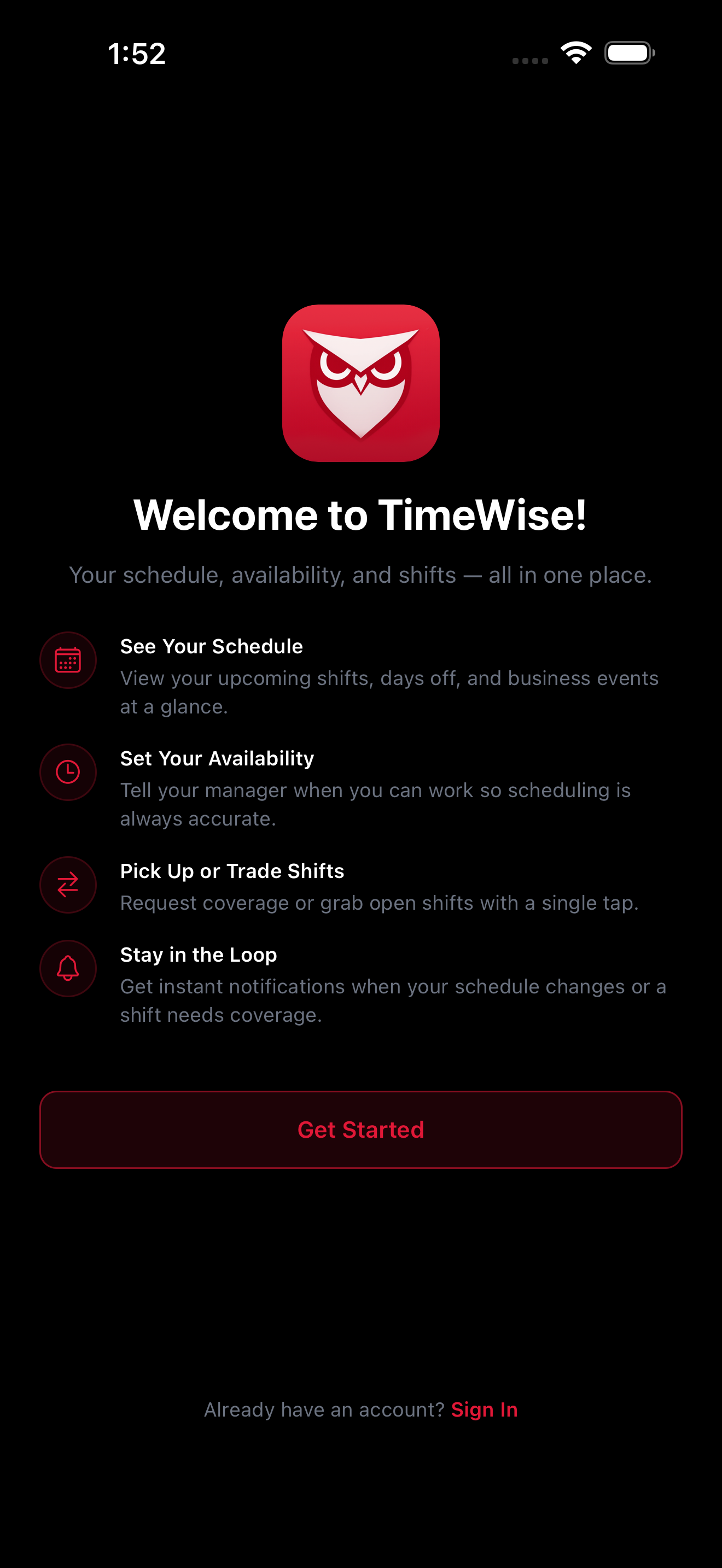 TimeWise welcome screen with Get Started button