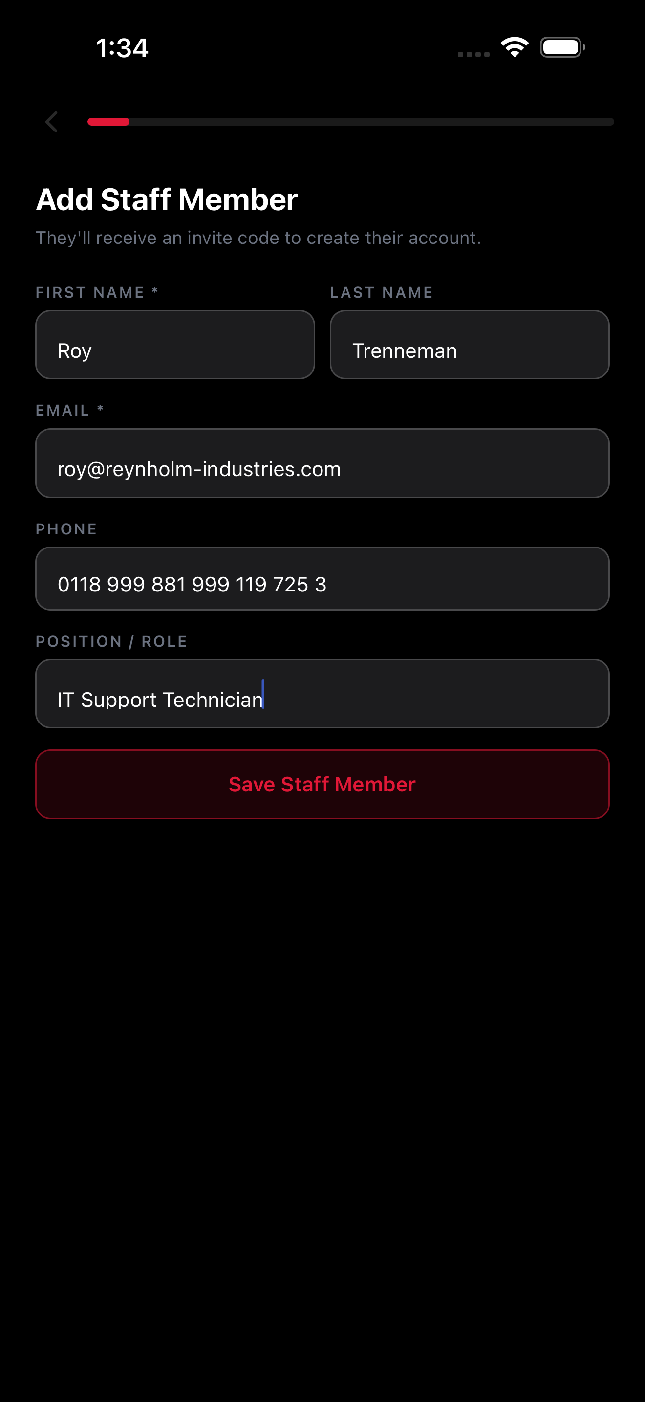Add Staff Member form with name, email, phone, and role fields