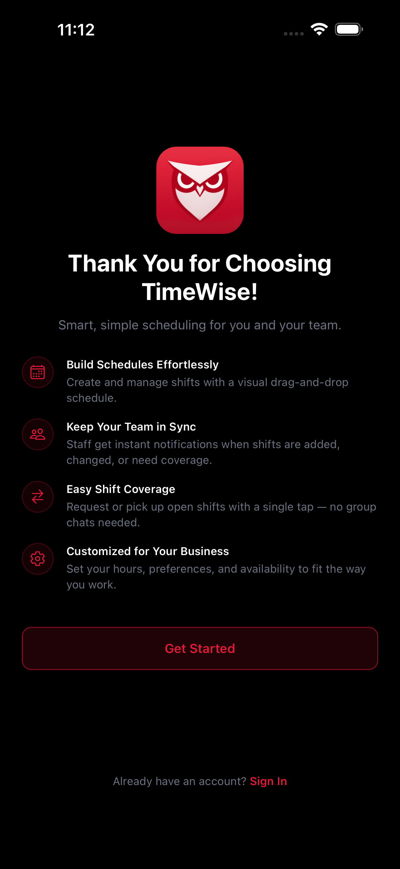 TimeWise welcome screen for new managers