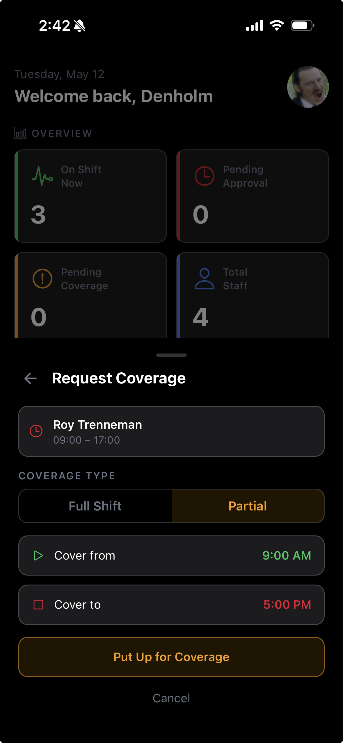 Request Coverage form showing shift details and coverage type options